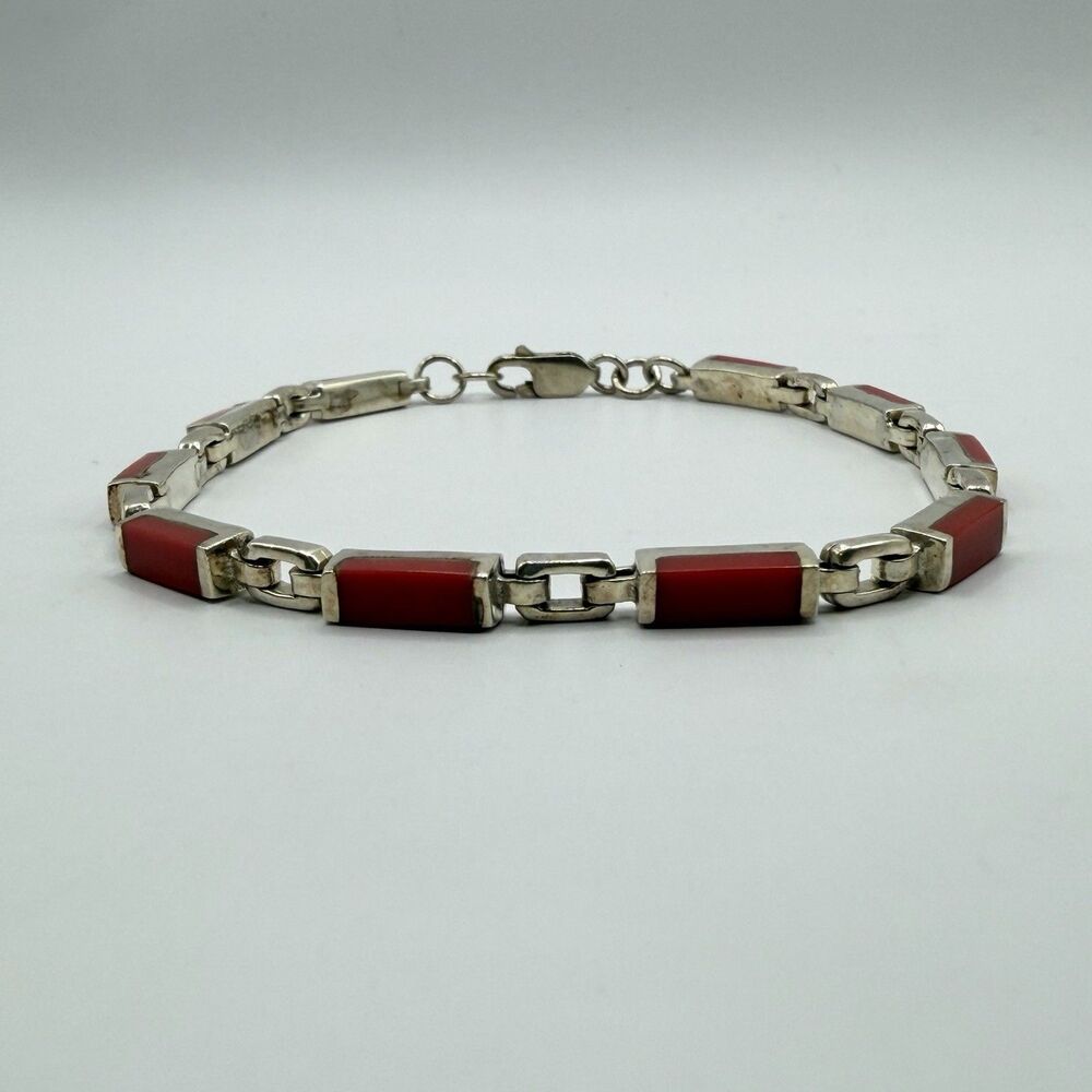 925 Sterling Silver Red Inlay Link Bracelet 8" 11.2g Geometric